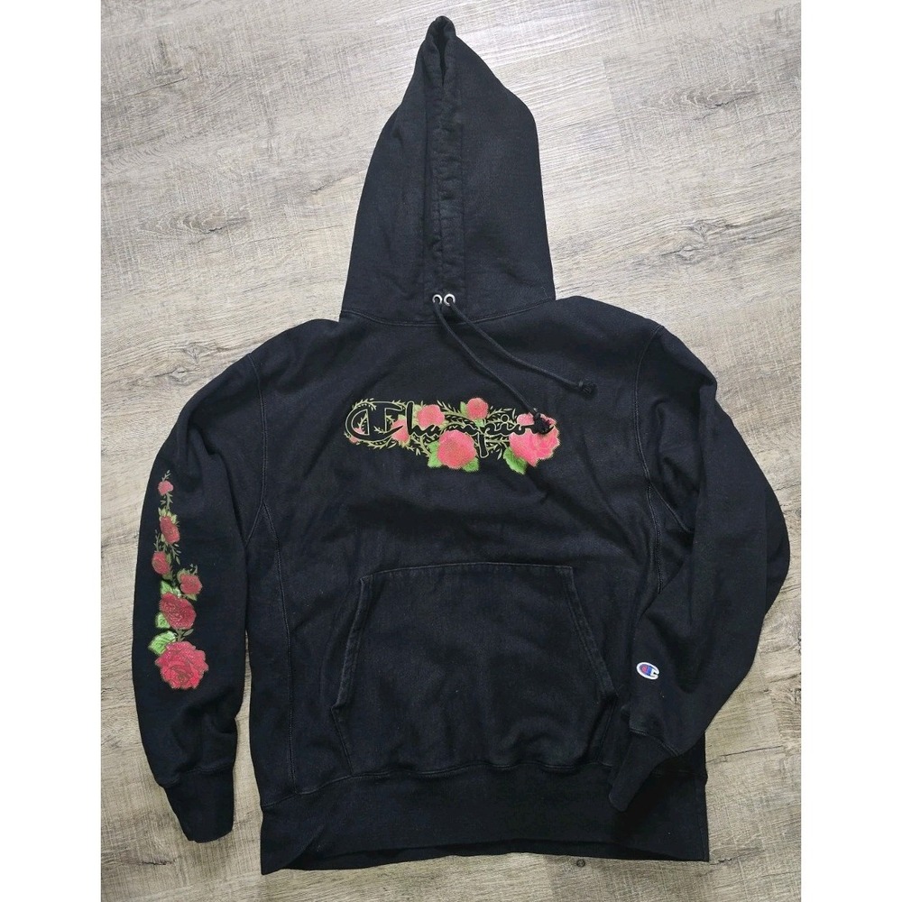 Champion Reverse Weave Rose Graphic Hoodie Black Oversized Large Y2K era